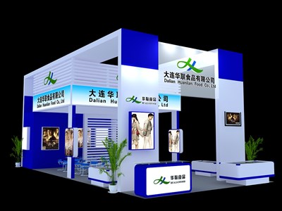72平米展臺設(shè)計制作：三面開口/現(xiàn)代/木質(zhì)結(jié)構(gòu)/藍(lán)色，為食品展展商而作（免費(fèi)使用）