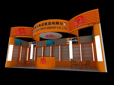 27平米展臺(tái)設(shè)計(jì)制作：一面開(kāi)口/現(xiàn)代/木質(zhì)結(jié)構(gòu)/橙色，為食品展展商而作（免費(fèi)使用）