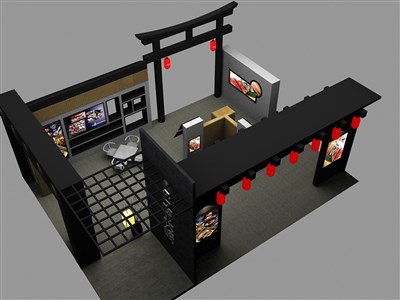 108平米展臺(tái)設(shè)計(jì)制作：四面開口/中式/木質(zhì)結(jié)構(gòu)/黑色，為食品展展商而作（免費(fèi)使用）