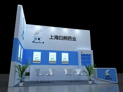 18平米展臺(tái)設(shè)計(jì)制作：二面開口/現(xiàn)代/木質(zhì)結(jié)構(gòu)/藍(lán)色，為醫(yī)藥展展商而作（免費(fèi)使用）
