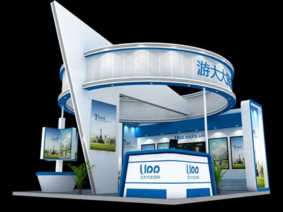 36平米展臺設(shè)計(jì)制作：三面開口/現(xiàn)代/木質(zhì)結(jié)構(gòu)/藍(lán)色，為建材展展商而作（免費(fèi)使用）