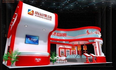 72平米展臺設(shè)計(jì)制作：四面開口/現(xiàn)代/木質(zhì)結(jié)構(gòu)/紅色，為食品展展商而作（免費(fèi)使用）