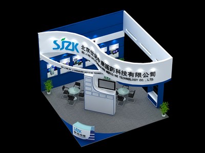 36平米展臺設(shè)計制作：三面開口/前衛(wèi)/木質(zhì)結(jié)構(gòu)/藍色，為醫(yī)藥展展商而作（免費使用）