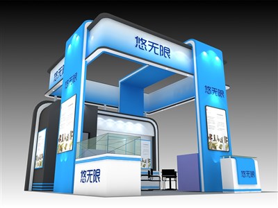 36平米展臺設(shè)計制作：三面開口/現(xiàn)代/木質(zhì)結(jié)構(gòu)/藍(lán)色，為食品展展商而作（免費使用）