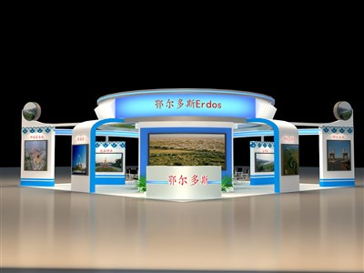 100平米展臺(tái)設(shè)計(jì)制作：四面開(kāi)口/現(xiàn)代/型材結(jié)構(gòu)/藍(lán)色，為旅游展展商而作（免費(fèi)使用）