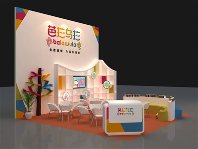 36平米展臺(tái)設(shè)計(jì)制作：三面開口/前衛(wèi)/木質(zhì)結(jié)構(gòu)/彩色，為文具圖書展展商而作（免費(fèi)使用）