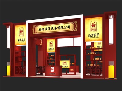 72平米展臺設計制作：三面開口/中式/木質(zhì)結構/紅色，為茶博會展商而作（免費使用）