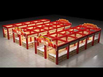 300平米展臺(tái)設(shè)計(jì)制作：四面開口/現(xiàn)代/桁架結(jié)構(gòu)/紅色，為日用品展展商而作（免費(fèi)使用）