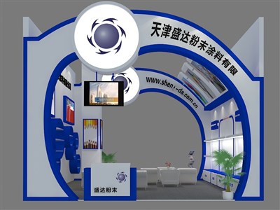 36平米展臺設(shè)計(jì)制作：二面開口/現(xiàn)代/木質(zhì)結(jié)構(gòu)/藍(lán)色，為建材展展商而作（免費(fèi)使用）