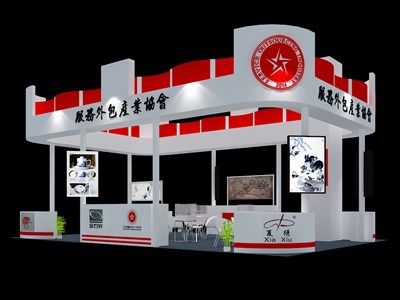 57平米展臺(tái)設(shè)計(jì)制作：三面開口/現(xiàn)代/木質(zhì)結(jié)構(gòu)/紅色，為工藝品展展商而作（免費(fèi)使用）