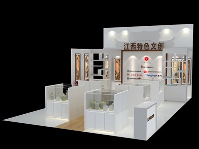 57平米展臺設(shè)計(jì)制作：三面開口/中式/木質(zhì)結(jié)構(gòu)/白色，為成就招商展展商而作（免費(fèi)使用）