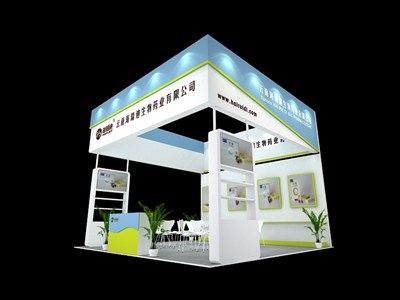 36平米展臺設(shè)計制作：三面開口/現(xiàn)代/木質(zhì)結(jié)構(gòu)/藍(lán)色，為醫(yī)藥展展商而作（免費使用）