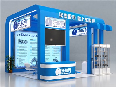 36平米展臺(tái)設(shè)計(jì)制作：三面開口/現(xiàn)代/木質(zhì)結(jié)構(gòu)/藍(lán)色，為建材展展商而作（免費(fèi)使用）